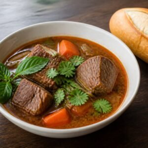 Vietnamese bo kho beef and carrot stew served with a crusty baguette.