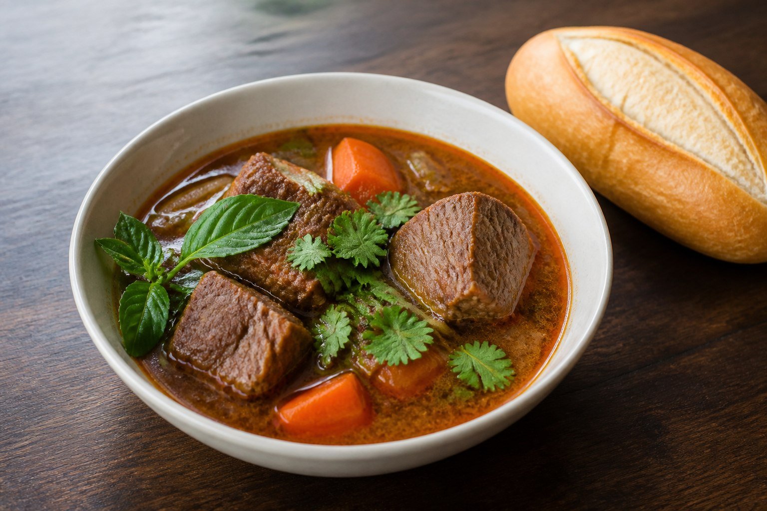 Vietnamese bo kho beef and carrot stew served with a crusty baguette.