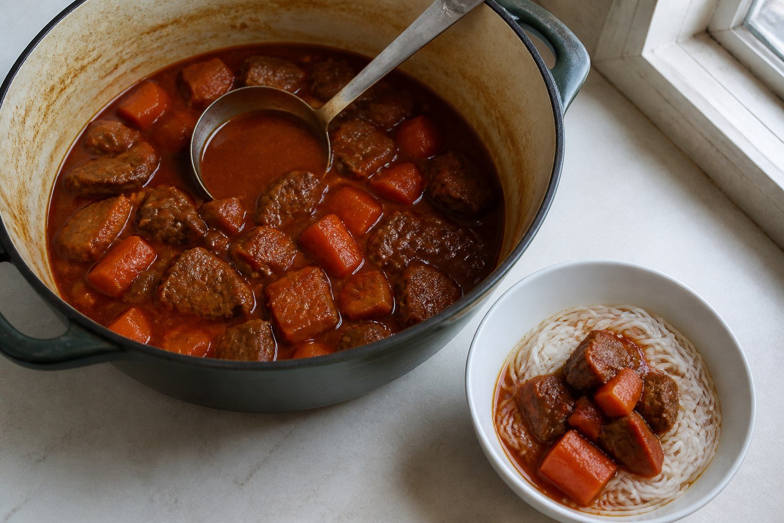 Vietnamese bo kho in an enamel pot with a bowl of rice noodles.