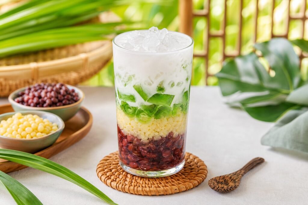 A colorful Vietnamese three-color dessert layered with beans, pandan jelly, coconut milk, and crushed ice.