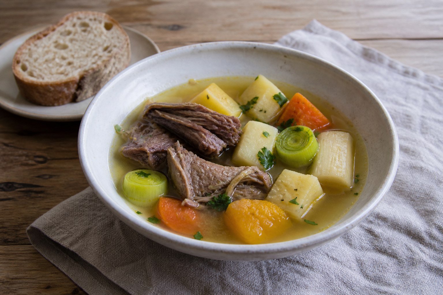 Welsh cawl with tender lamb, leeks, potatoes, carrots, parsnips, swede, and rustic bread.