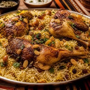 Yemeni mandi with roasted chicken, fragrant rice, raisins, toasted almonds, and herbs.