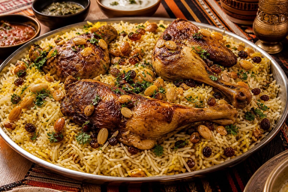 Yemeni mandi with roasted chicken, fragrant rice, raisins, toasted almonds, and herbs.