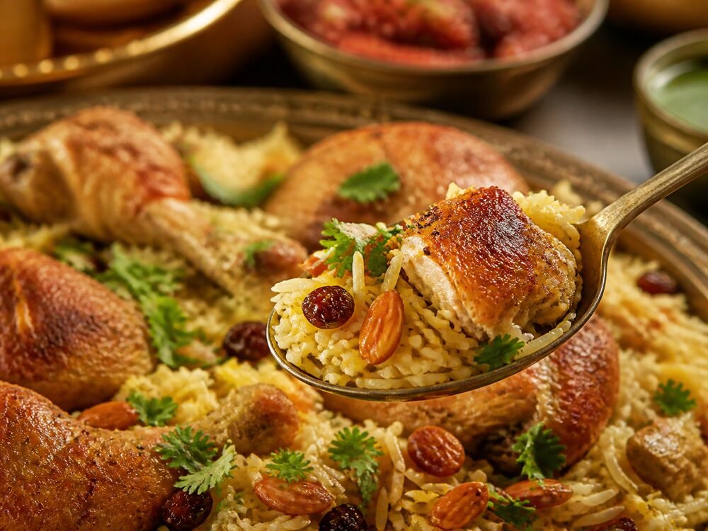 Fragrant mandi rice and roasted chicken being served from a large platter.