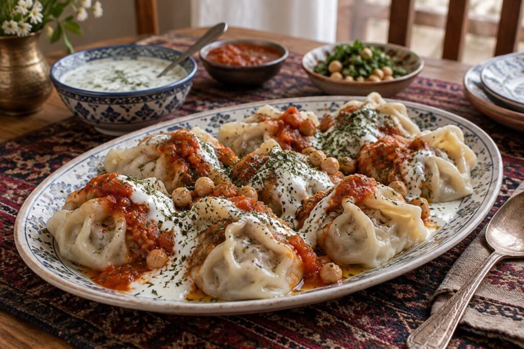 Afghan mantu dumplings topped with yogurt, tomato sauce, chickpeas, and herbs.