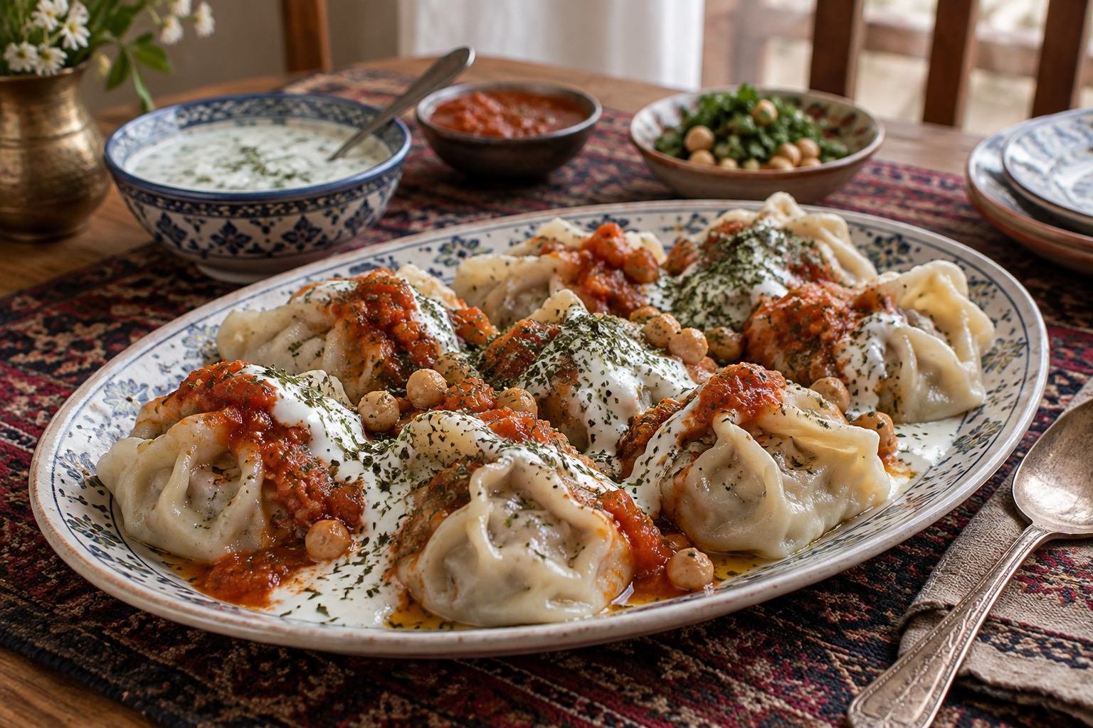 Afghan mantu dumplings topped with yogurt, tomato sauce, chickpeas, and herbs.
