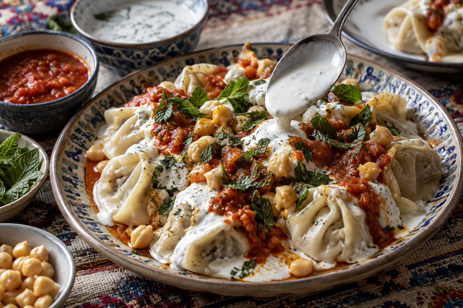 Afghan mantu being finished with yogurt sauce and herbs on a ceramic platter.