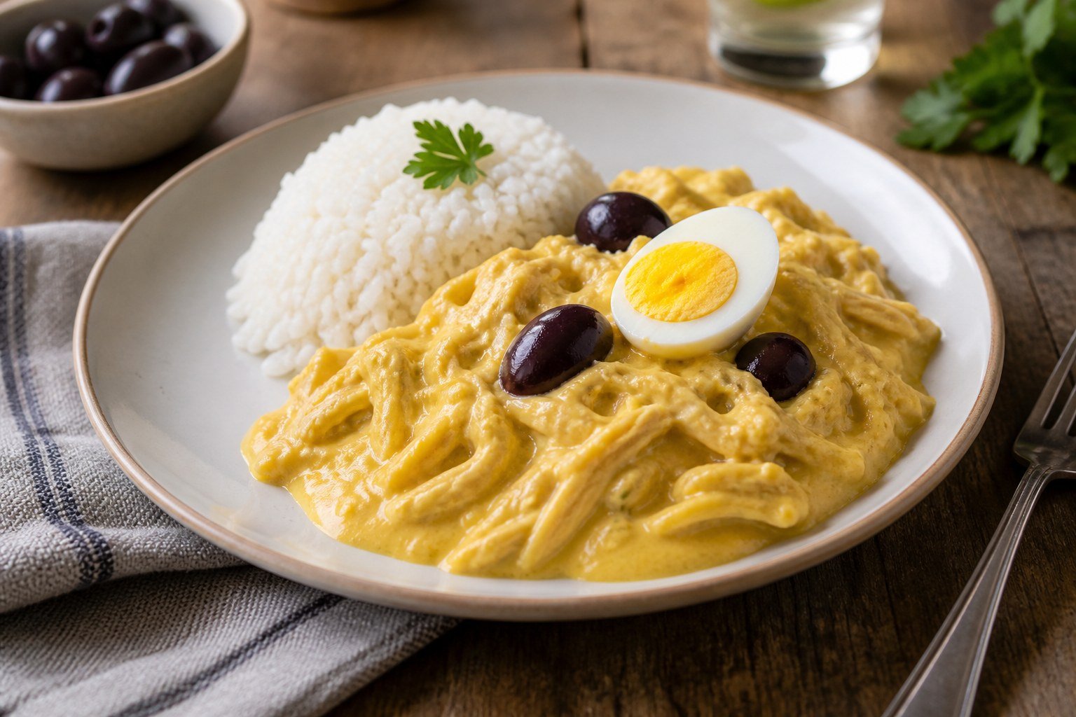 Peruvian aji de gallina with creamy yellow chicken sauce, rice, olives, and egg.