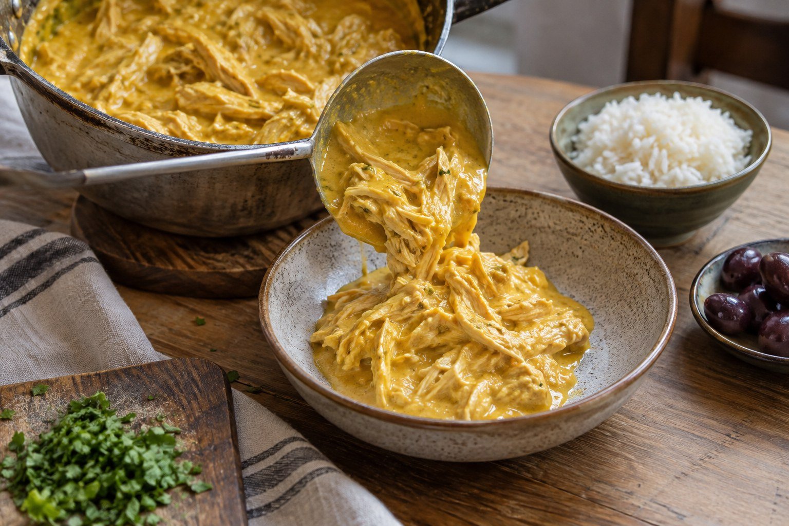 Aji de gallina being ladled into a bowl beside rice and olives.