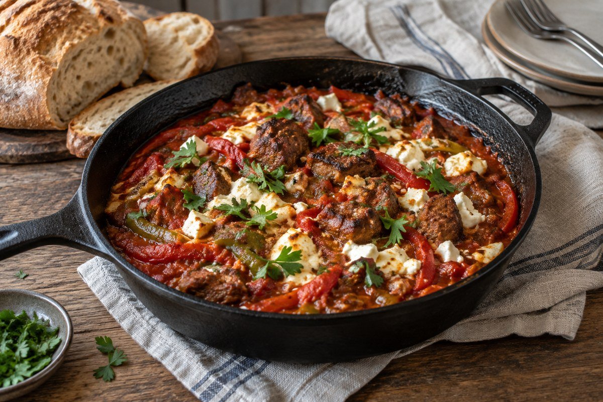 Albanian fërgesë me mish, a rustic skillet of beef, peppers, tomatoes, and feta.