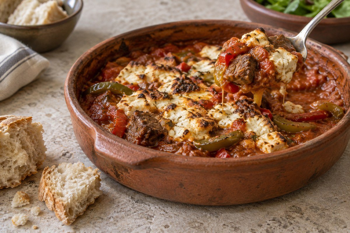Albanian fërgesë being spooned from a clay baking dish with crusted feta and peppers.