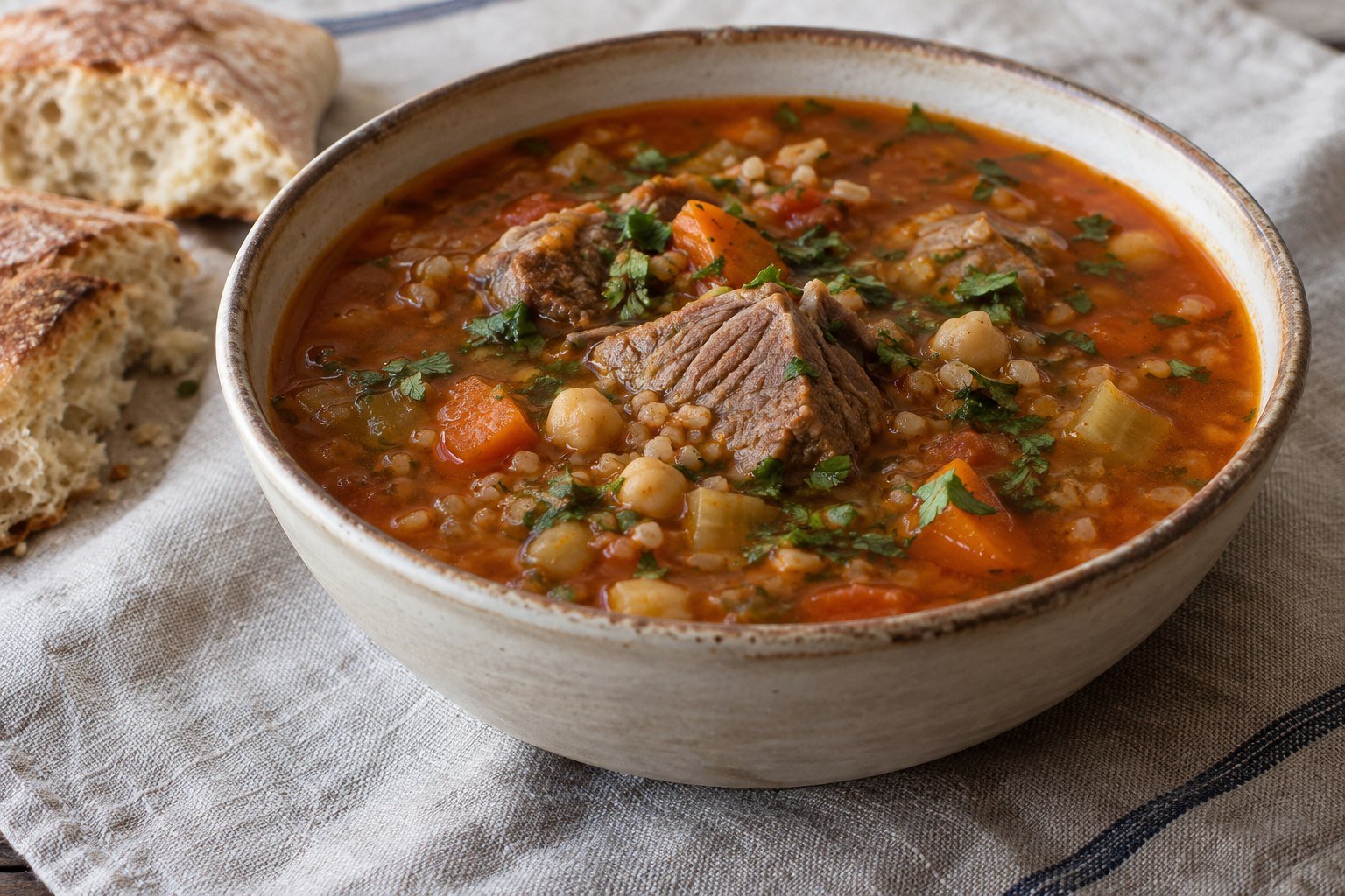 Algerian chorba frik soup with lamb, freekeh, chickpeas, vegetables, and coriander.