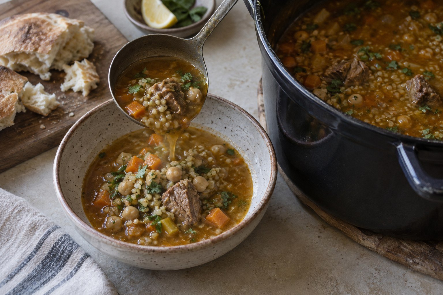 Algerian chorba frik being ladled from a pot into a bowl with bread and lemon.