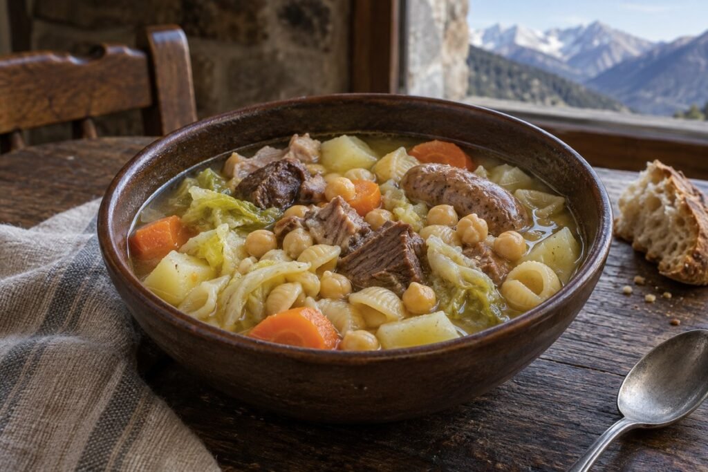 Andorran escudella, a hearty mountain stew with beef, pork, chickpeas, potatoes, cabbage, and pasta.