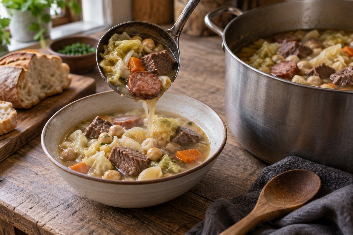 A ladle serving Andorran escudella with vegetables, chickpeas, pasta, and tender meat.