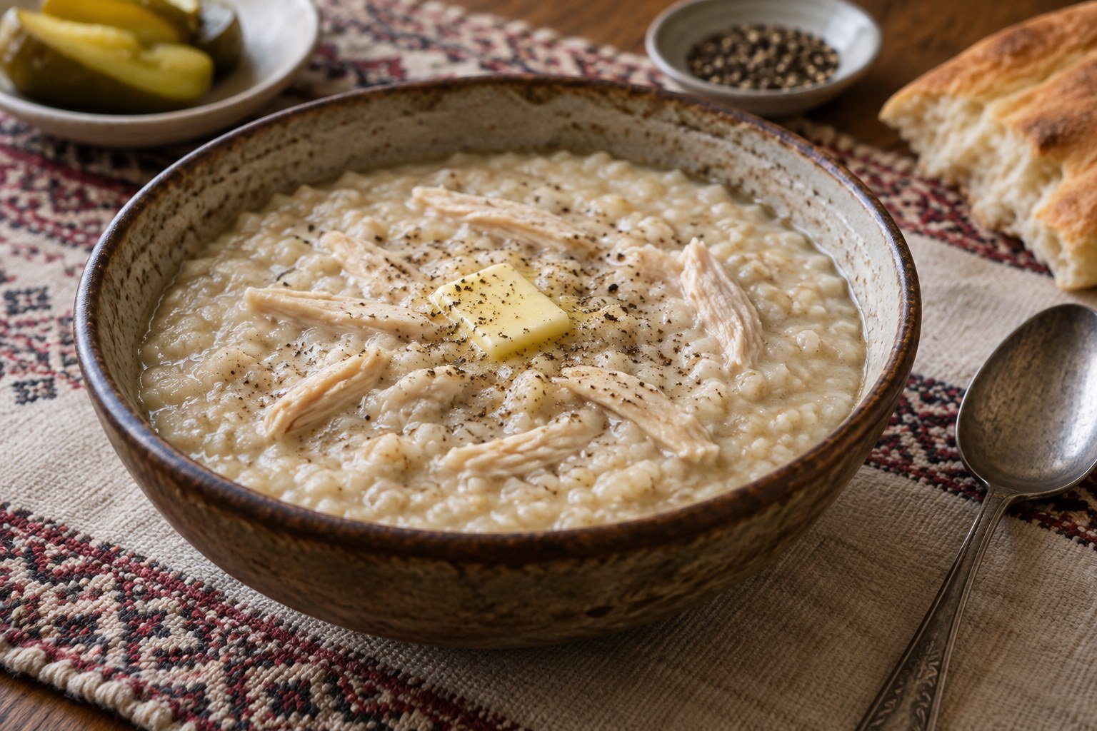 Armenian harissa wheat and chicken porridge with butter and pepper.