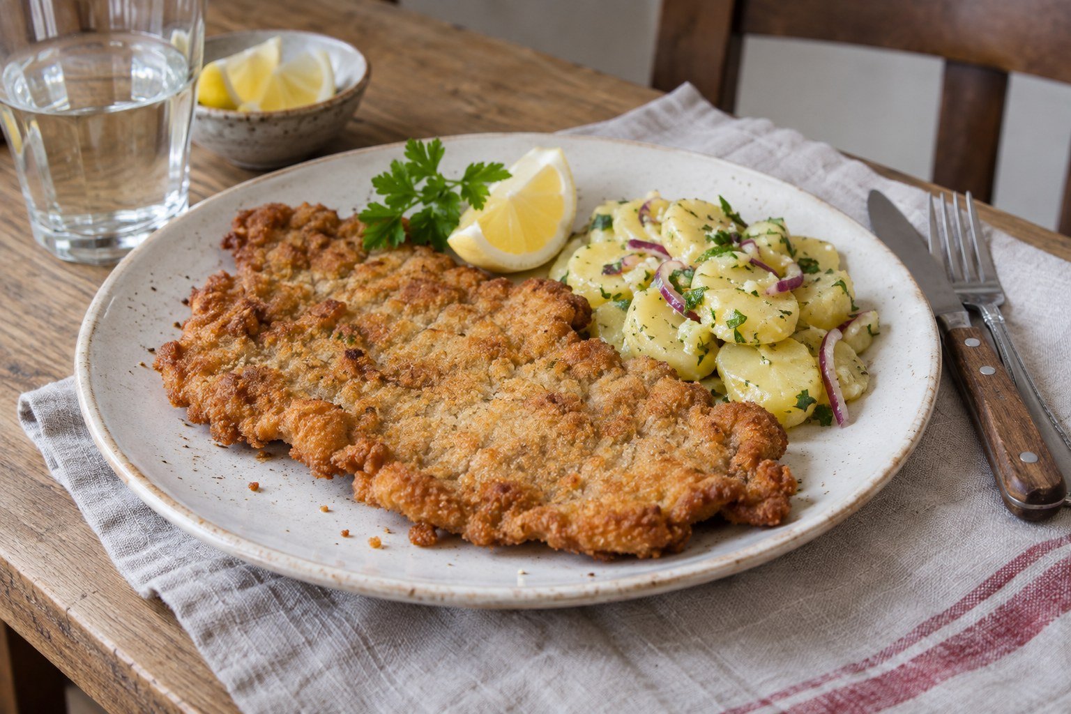 Austrian Wiener Schnitzel with lemon and potato salad.