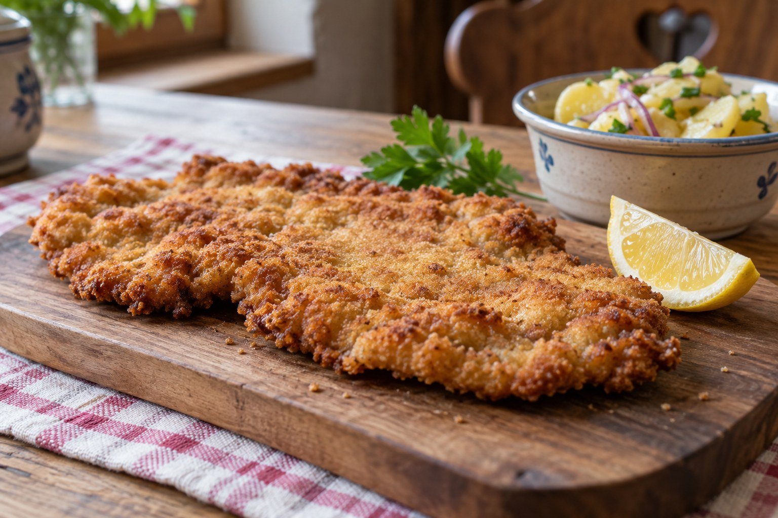 Irregular golden Wiener Schnitzel on a wooden serving board with lemon.