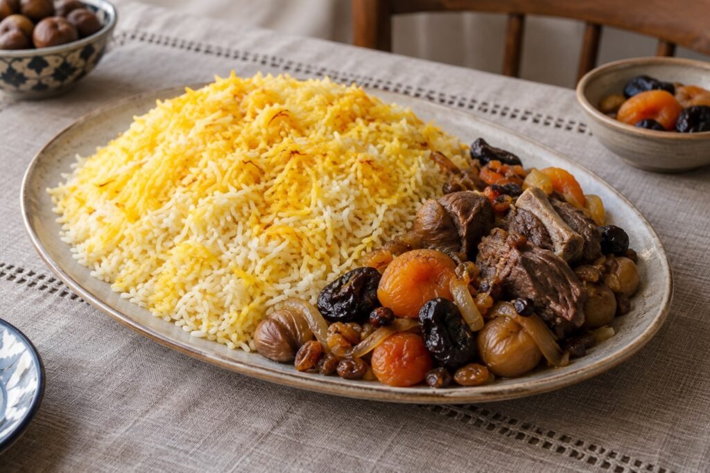 Azerbaijani plov with saffron rice, lamb, dried fruit, and chestnuts on a serving platter.