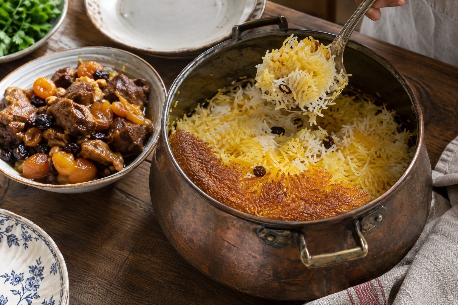 Azerbaijani plov being served from a pot with saffron rice and lamb garnish.