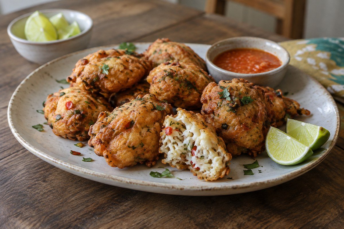 Irregular golden Barbadian fish cakes with lime wedges and pepper sauce.