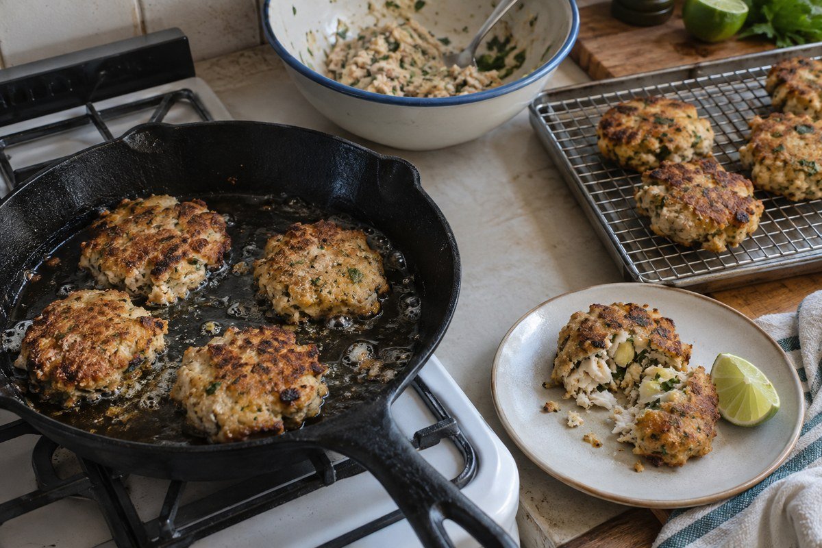 Barbadian fish cakes browning in a skillet beside a cooling rack and flaky fish mixture.