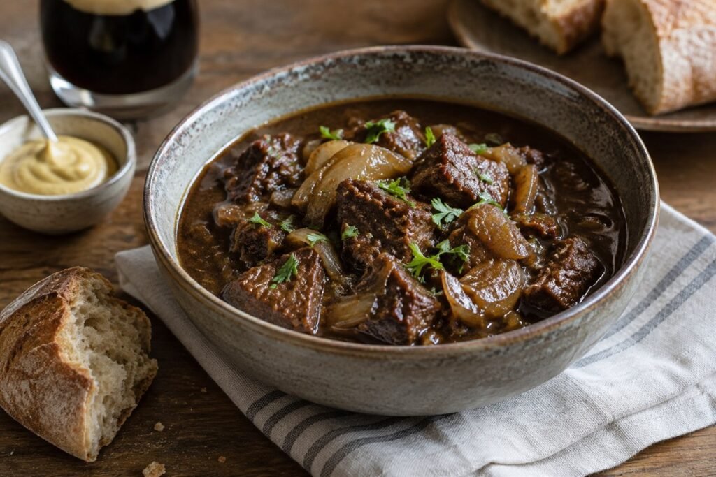 Belgian carbonnade flamande with tender beef in dark beer gravy, onions, and crusty bread.
