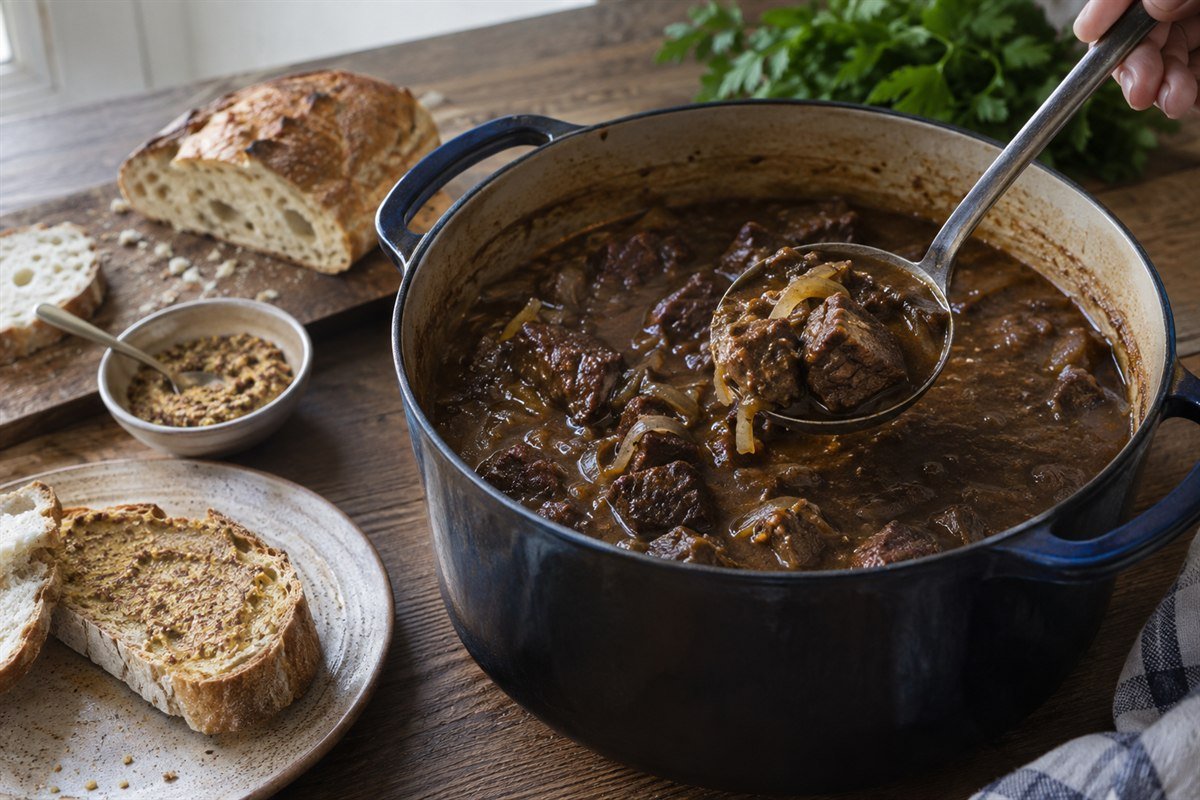 A ladle serving Belgian beef and beer stew from a Dutch oven beside bread and mustard.