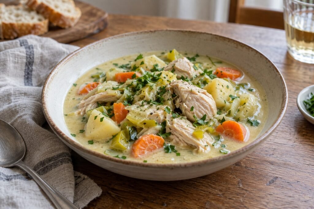 Belgian waterzooi chicken and vegetable stew in a shallow bowl.