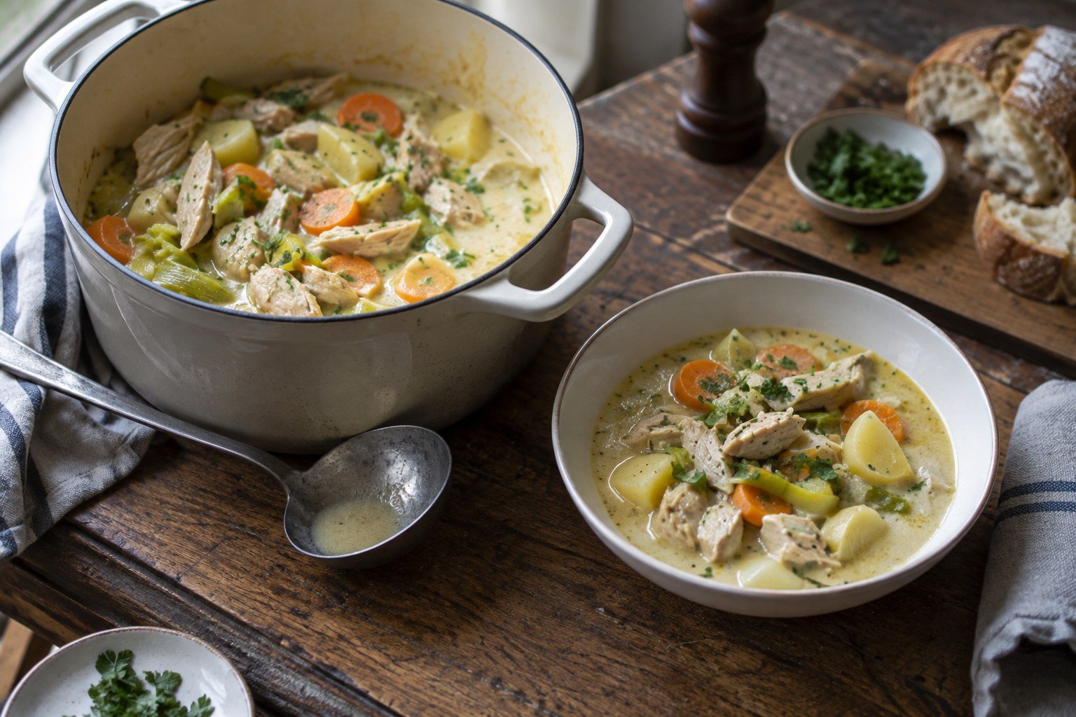 Belgian waterzooi in a Dutch oven beside a serving bowl.