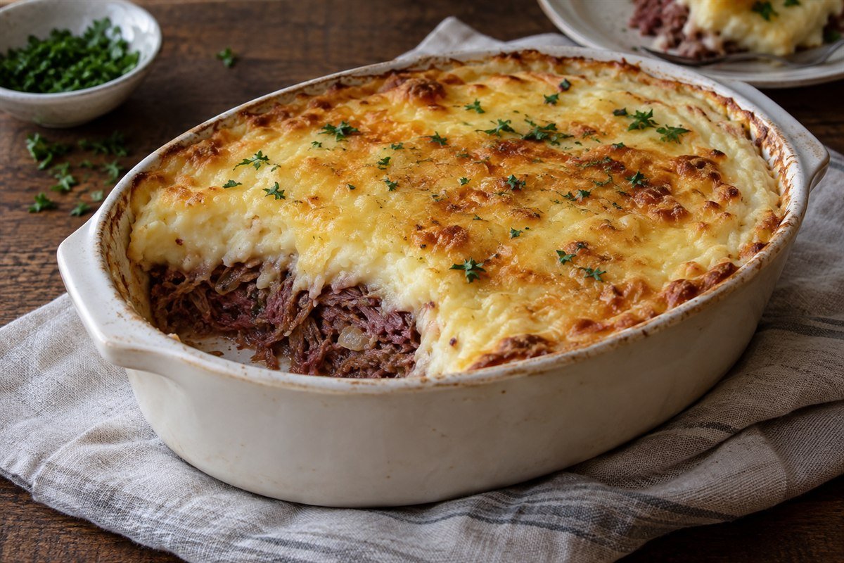 A baked Brazilian escondidinho with creamy cassava mash and shredded dried beef.