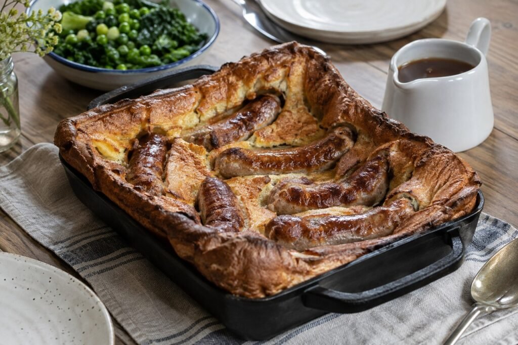 British toad in the hole with browned pork sausages in crisp Yorkshire pudding batter, peas, and onion gravy.