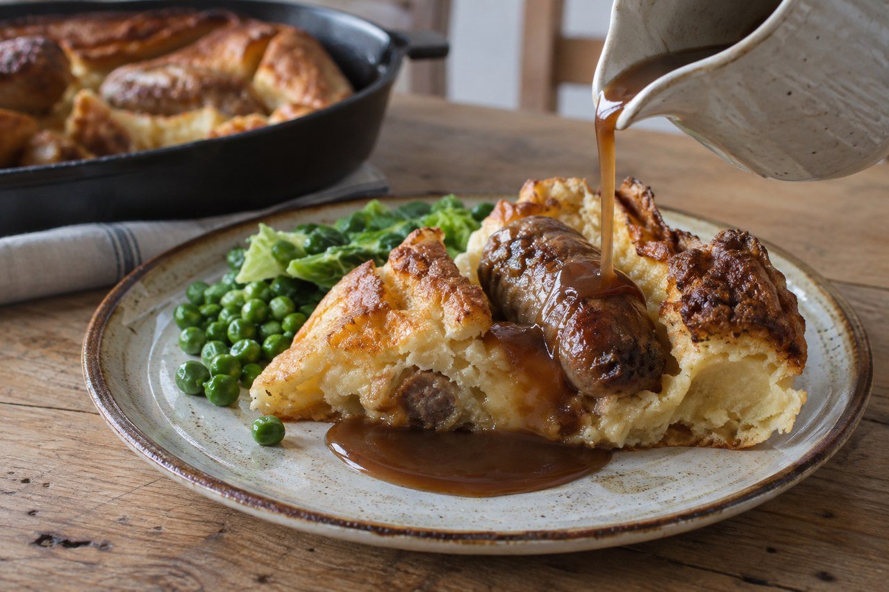 A plated serving of British toad in the hole with onion gravy and peas being poured from a jug.