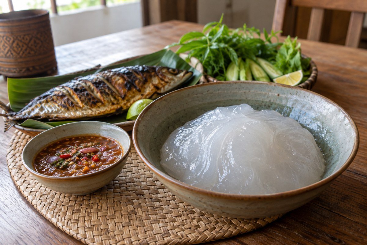 Bruneian ambuyat made from glossy sago starch with grilled fish and sour cacah dip.