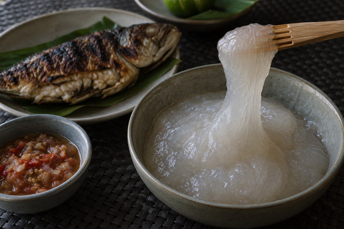 A bamboo ambuyat stick twirling sago starch beside grilled fish and cacah dip.