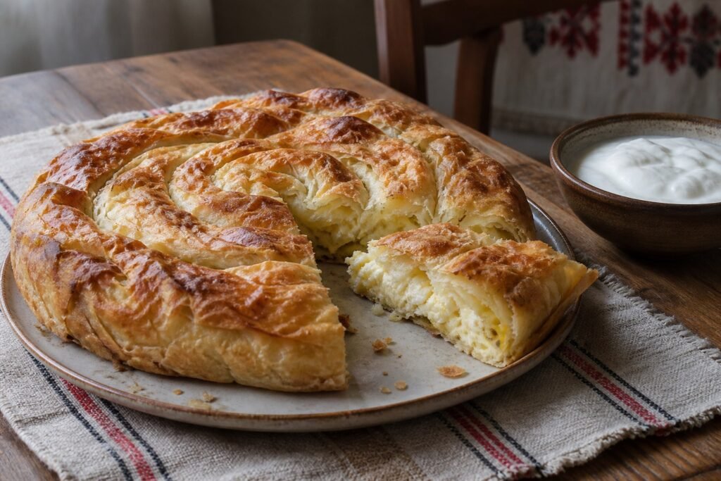 Savory Bulgarian banitsa with flaky phyllo, white cheese, egg, and yogurt.