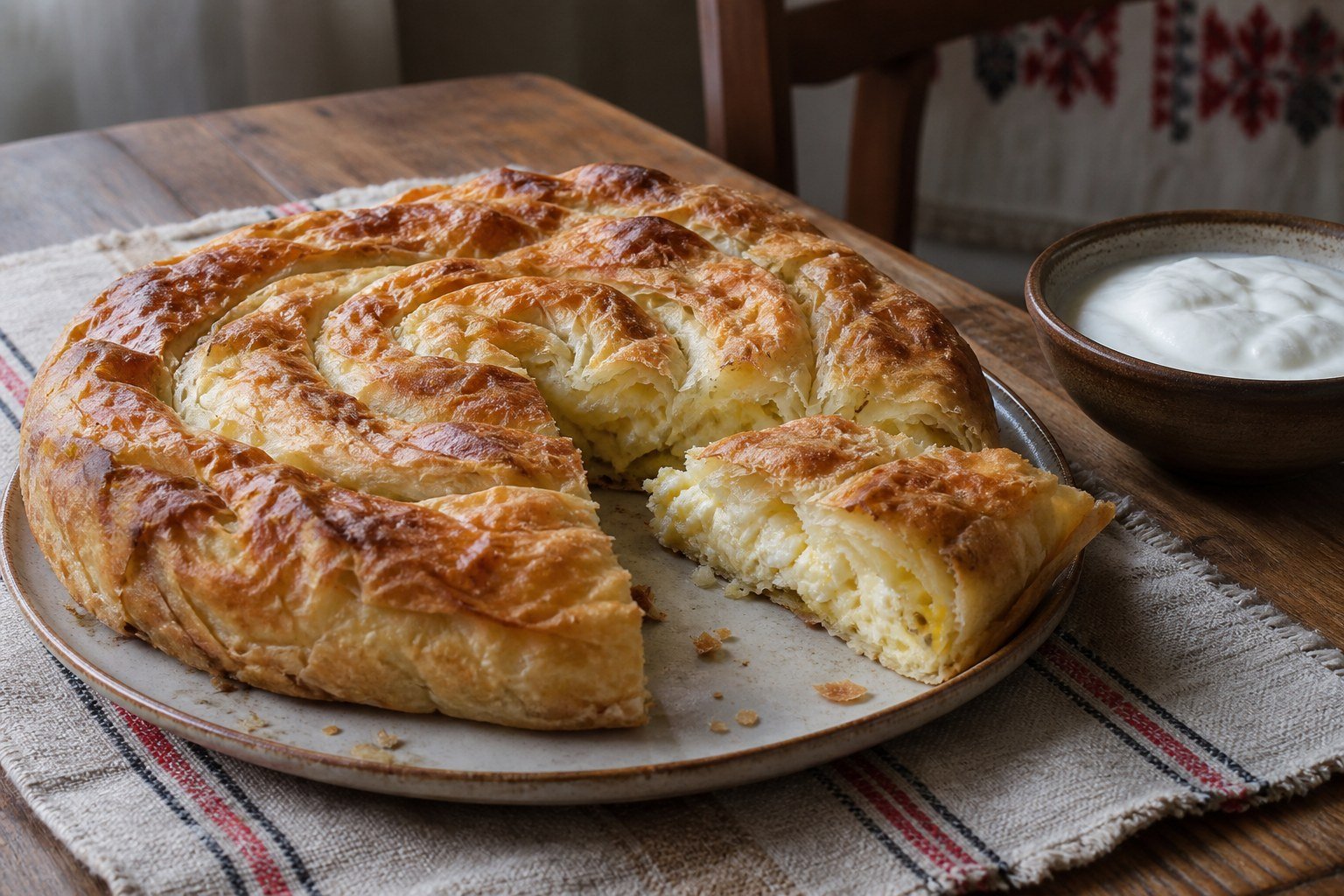 Savory Bulgarian banitsa with flaky phyllo, white cheese, egg, and yogurt.