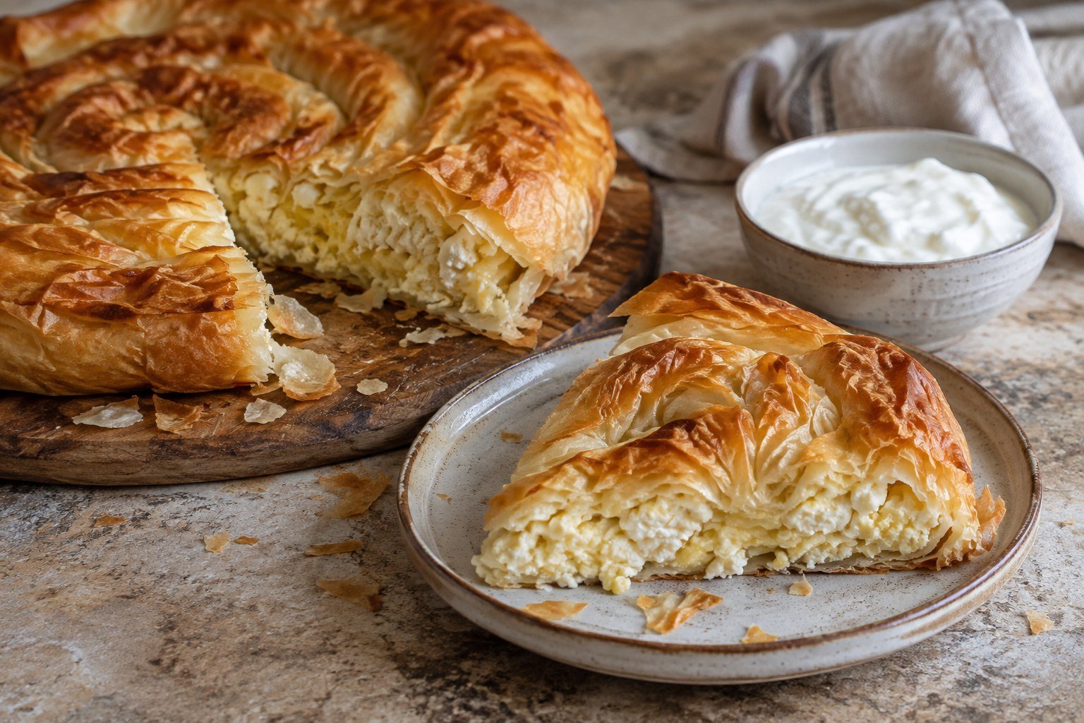 A flaky slice of Bulgarian banitsa with cheese and egg beside plain yogurt.