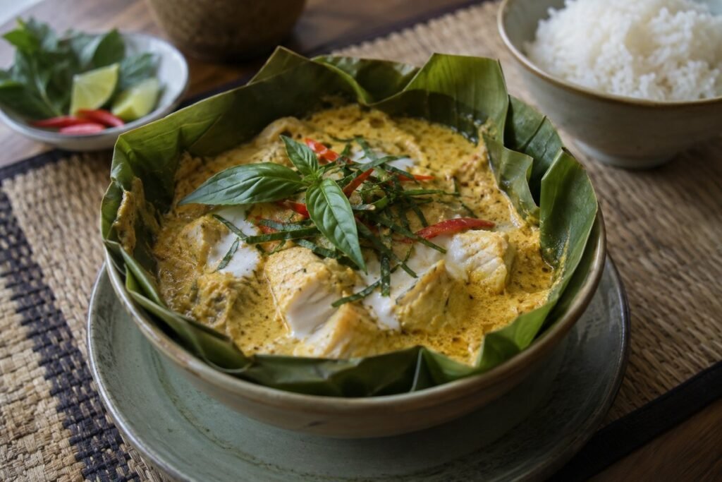 Cambodian amok trey, steamed fish curry custard in banana leaf with coconut, basil, and chili.