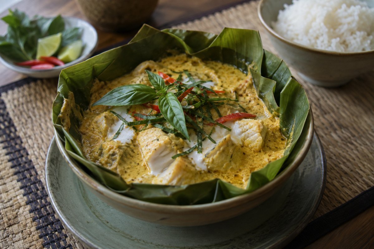 Cambodian amok trey, steamed fish curry custard in banana leaf with coconut, basil, and chili.