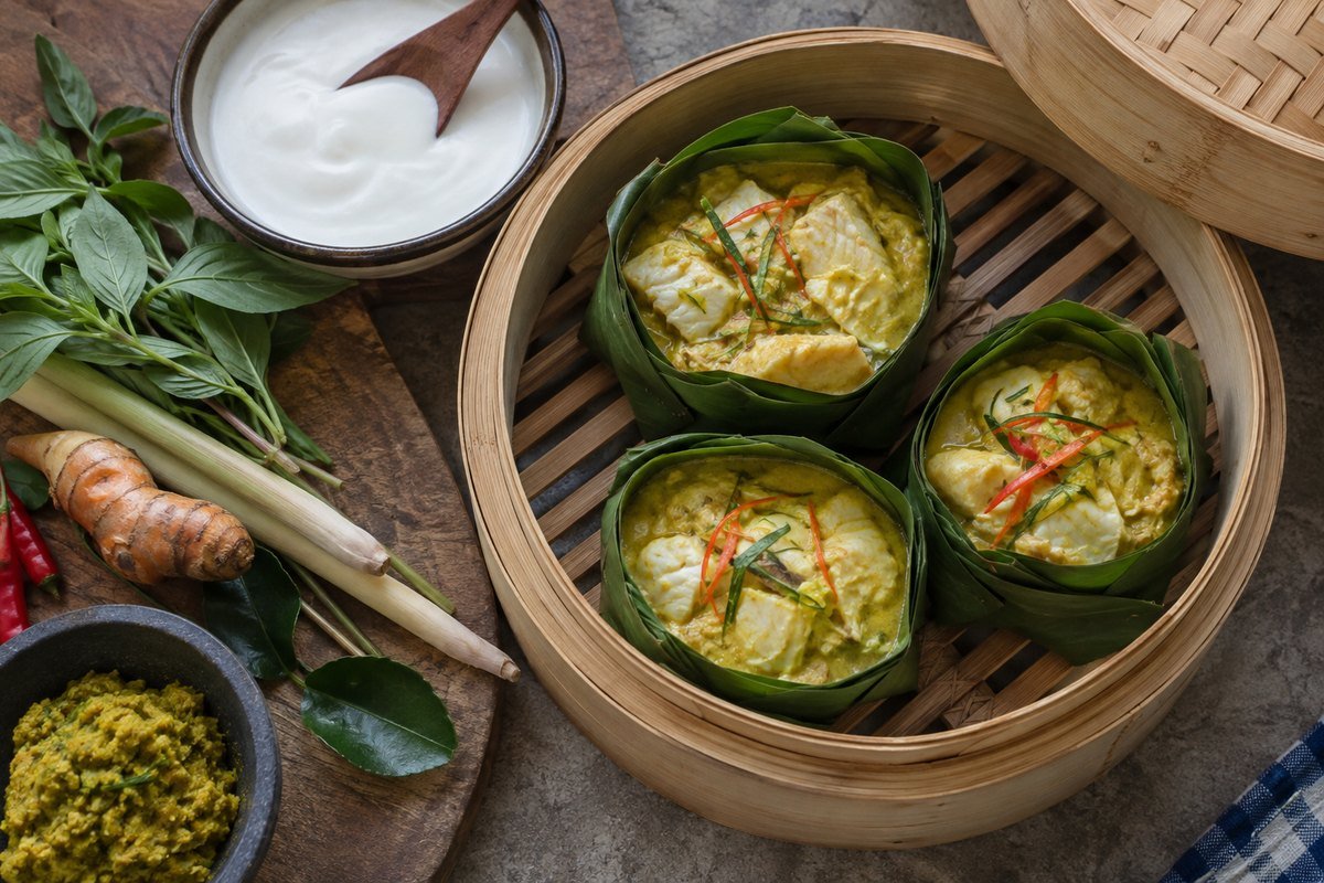 Cambodian amok trey in banana-leaf cups inside a bamboo steamer with herbs and curry paste.