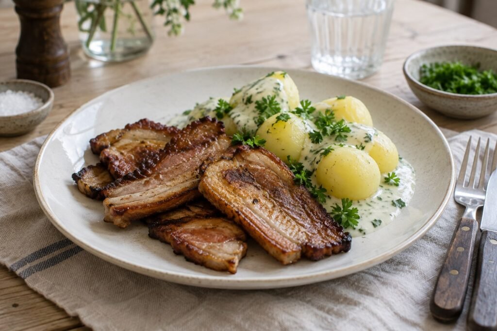 Danish stegt flæsk with crisp pork belly, boiled potatoes, and parsley sauce.