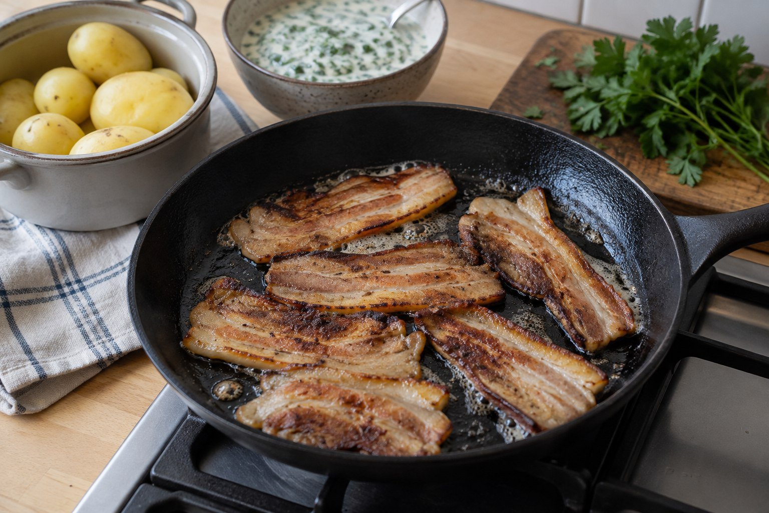 Danish pork belly slices browning in a skillet beside potatoes and parsley sauce.
