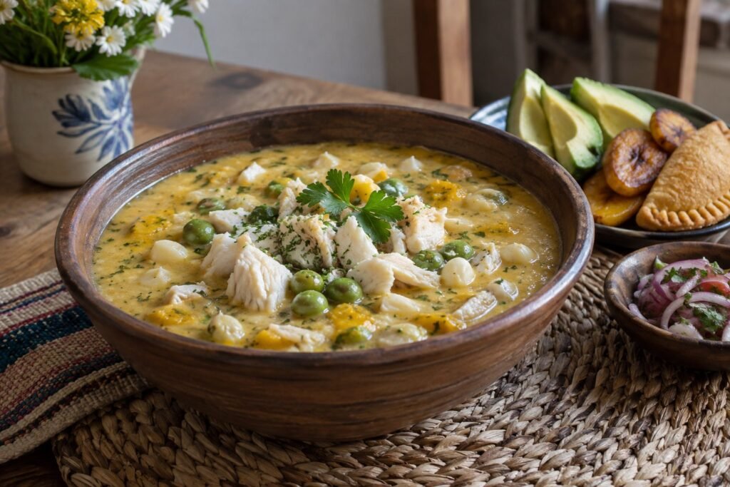 Ecuadorian fanesca bean and cod soup with corn, peas, avocado, and plantain.
