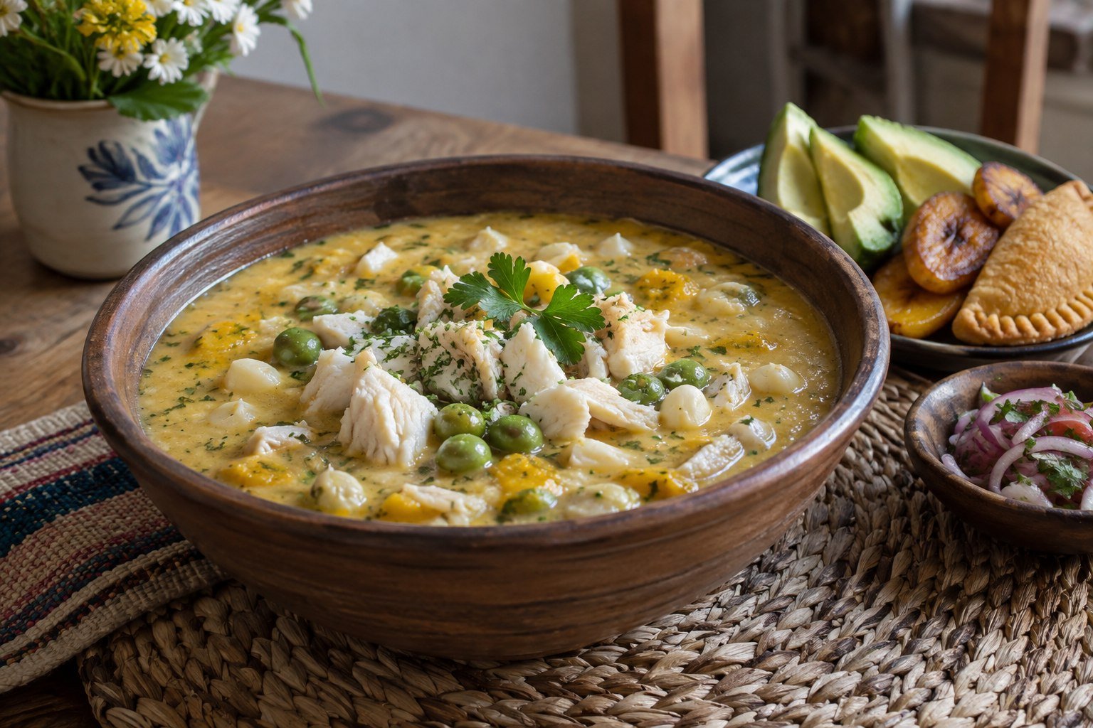 Ecuadorian fanesca bean and cod soup with corn, peas, avocado, and plantain.