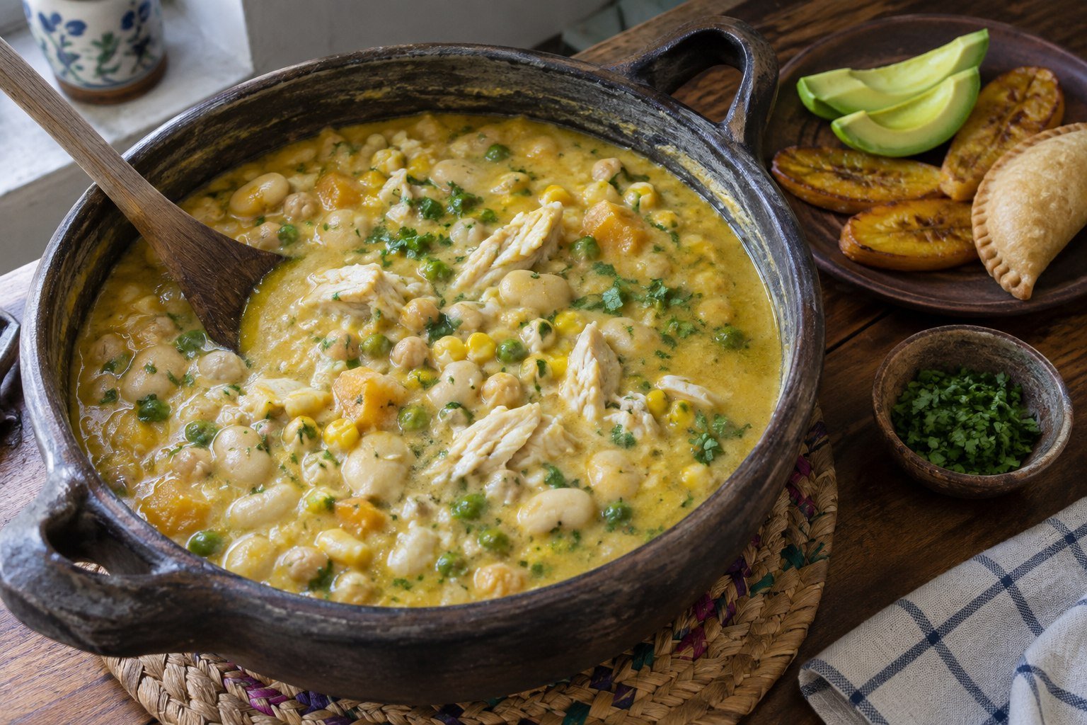 Ecuadorian fanesca simmering in a rustic pot with cod, beans, corn, peas, and squash.