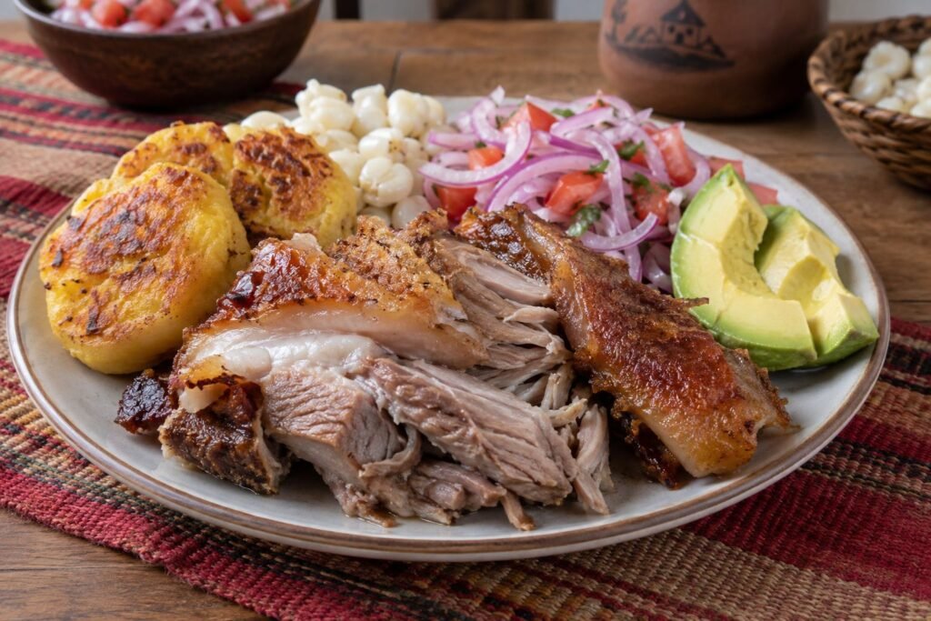 Ecuadorian hornado with tender roast pork, llapingachos, avocado, mote, and curtido.