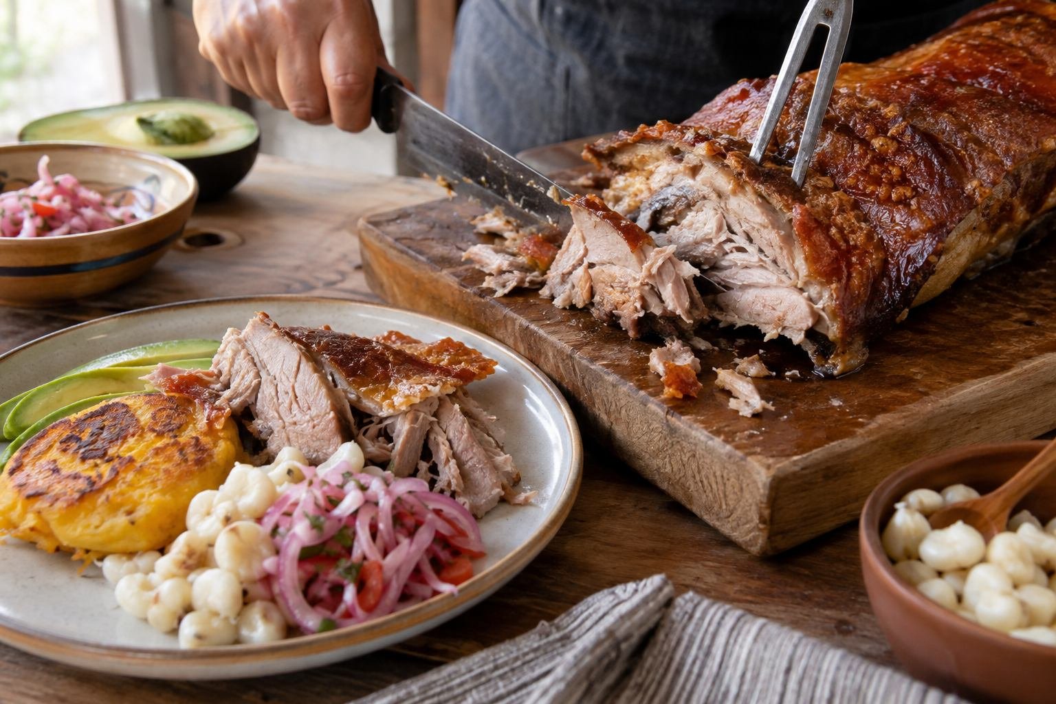 Ecuadorian hornado being carved and plated with llapingachos, avocado, mote, and curtido.