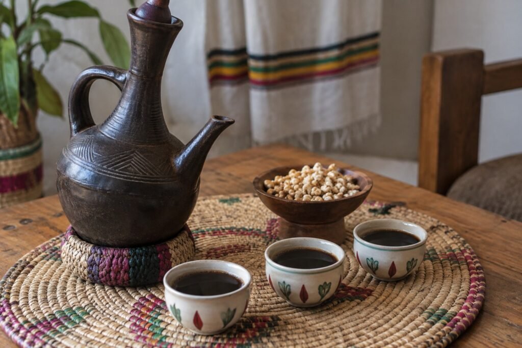 Ethiopian buna coffee served in small cups beside a traditional clay jebena and woven mat.