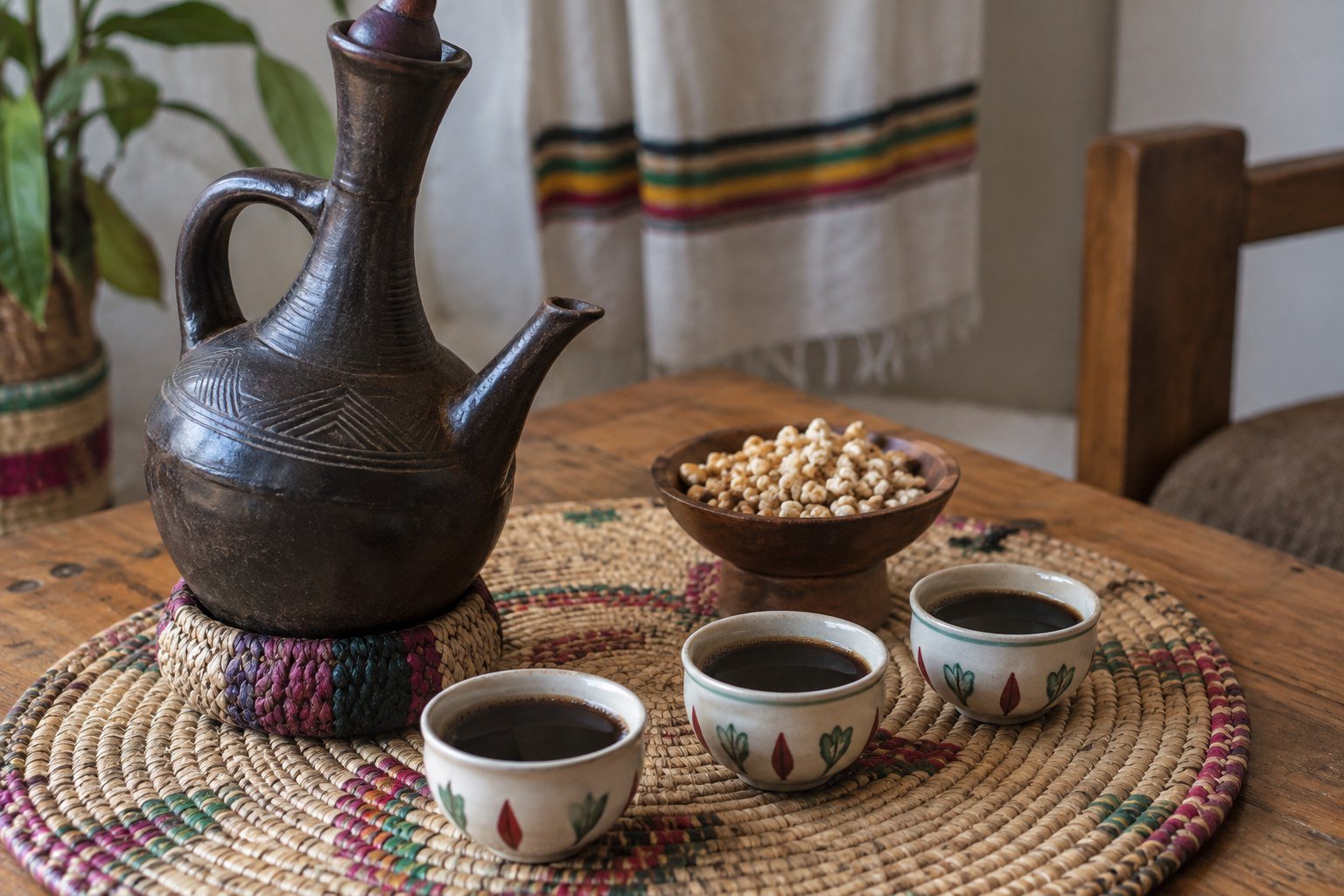 Ethiopian buna coffee served in small cups beside a traditional clay jebena and woven mat.